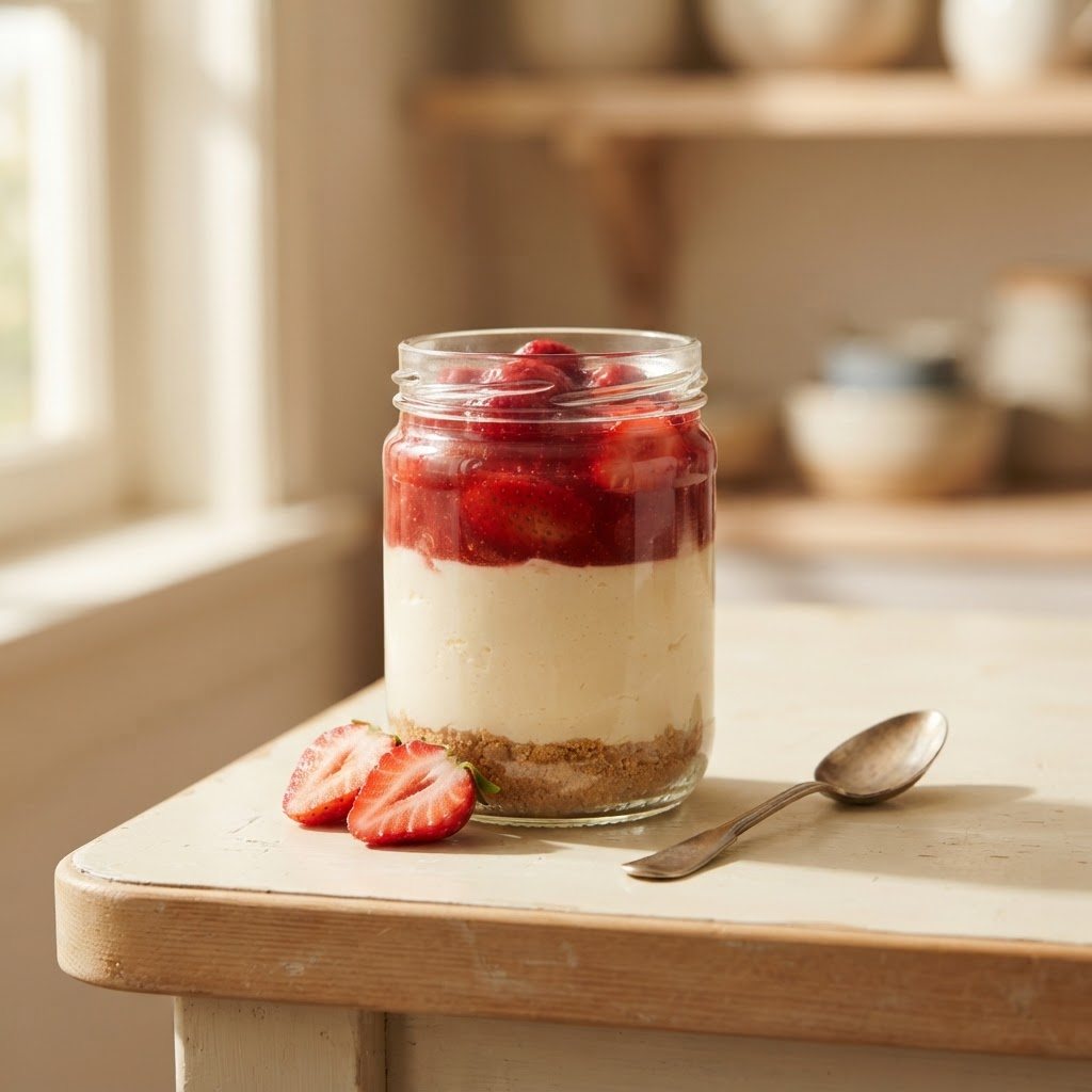 A single filled jar of strawberry cheesecake, layers visible, glossy strawberry topping, two halved strawberries at the base