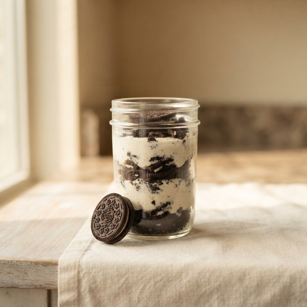 A single filled jar of cookies and cream cheesecake with crushed chocolate cookie pieces layered through it and a whole