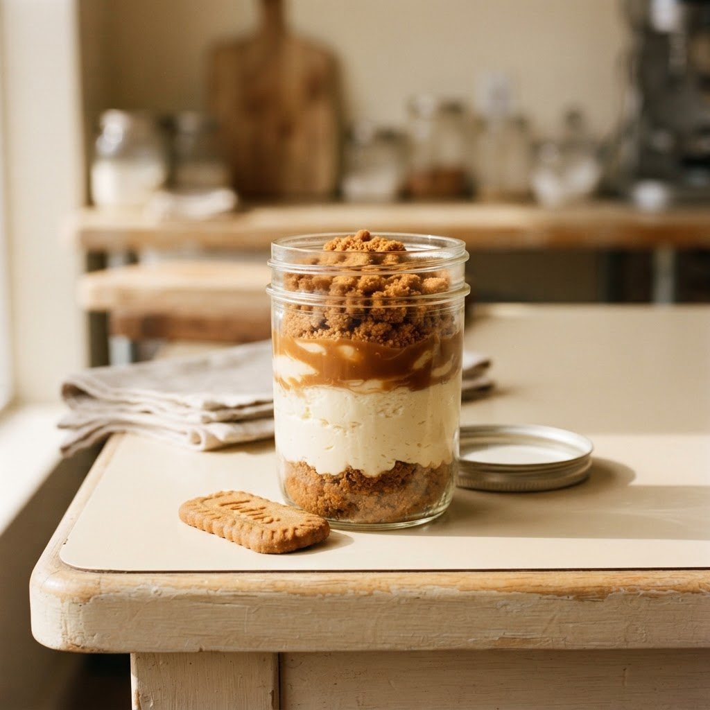 A single filled jar of cookie butter cheesecake with a caramel-brown swirl on top and spiced biscuit crumble scattered over