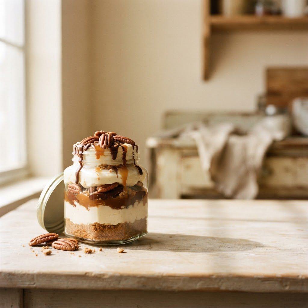 A single filled jar of turtle cheesecake topped with chocolate and caramel drizzle and whole pecan halves, a few loose pecans