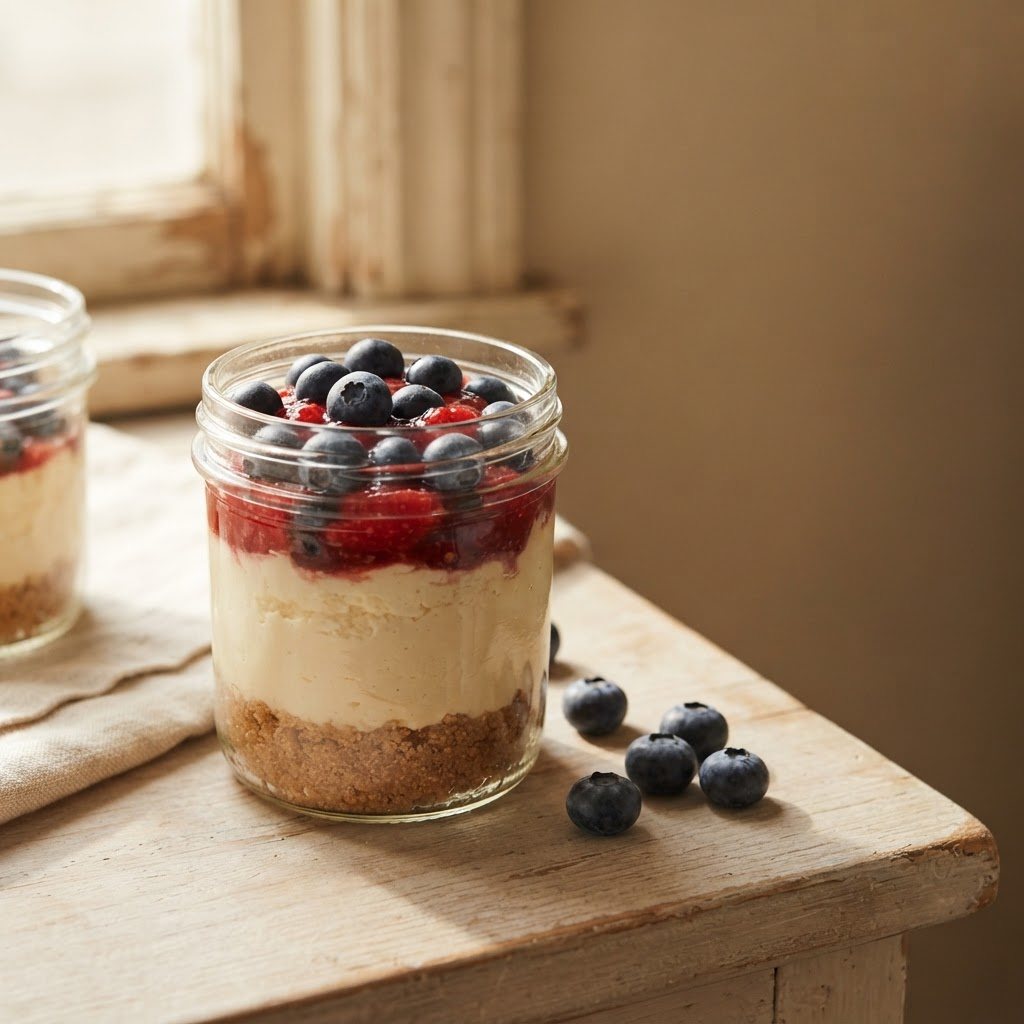 A single filled jar of mixed berry cheesecake topped generously with fresh blueberries and strawberry sauce, a scatter