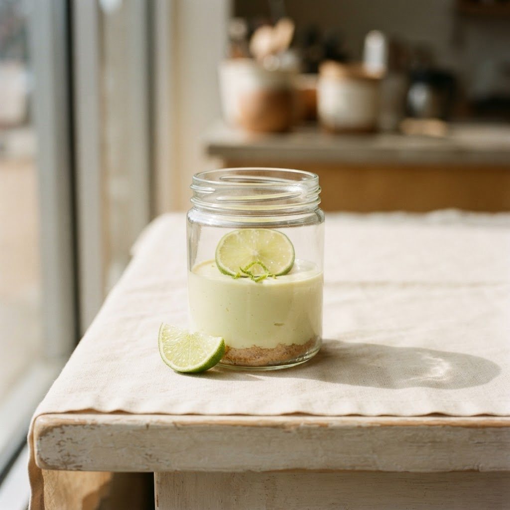 A single filled jar of key lime cheesecake, pale green filling with a crumb base, a thin lime wheel on top and a lime wedge