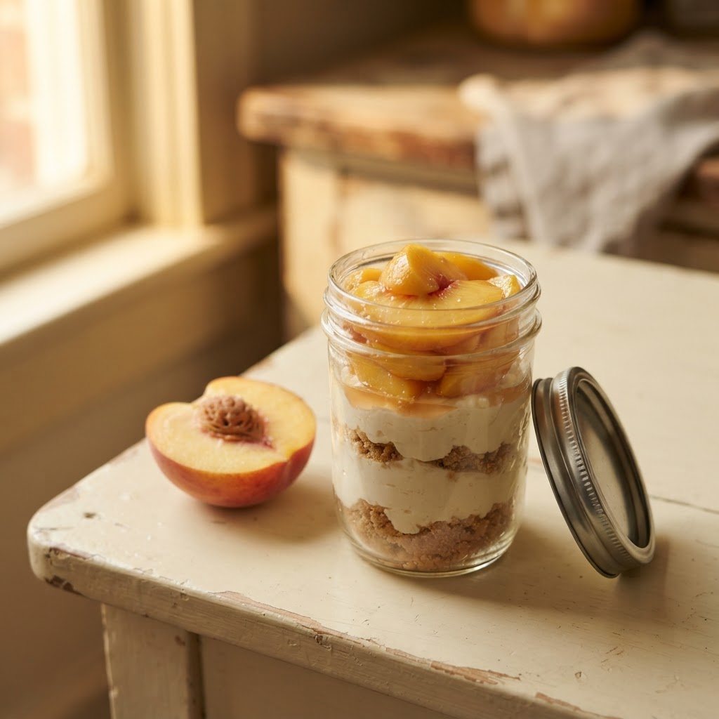A single filled jar of peach cheesecake topped with fresh peach slices and a light syrup, one halved peach beside it on cream