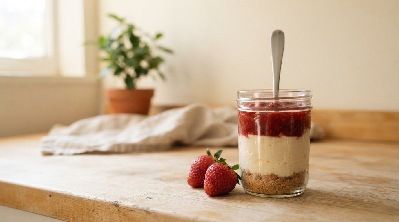 One clean 8oz glass jar of strawberry cheesecake on a pale wood counter, right of centre, filled to the top with distinct