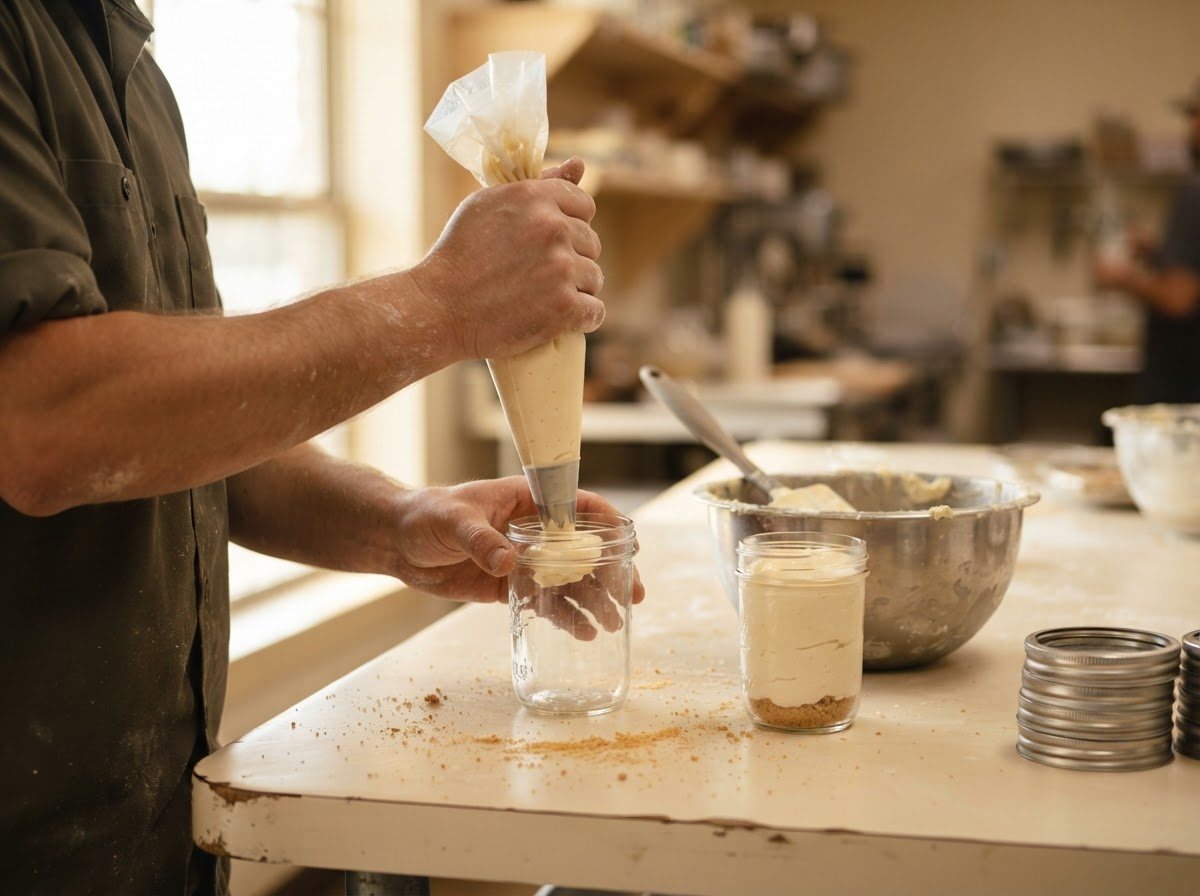A pair of hands piping pale cheesemcake filling from a piping bag into an open empty jar on a cream kitchen counter, a second