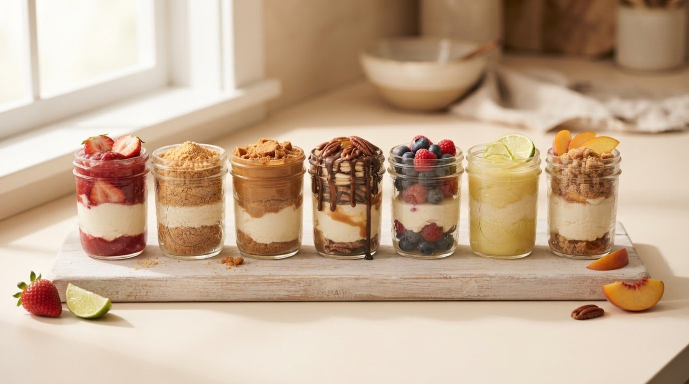 Seven filled 8oz cheesecake jars in a single straight row on a pale wood board seen slightly from above, identical jars