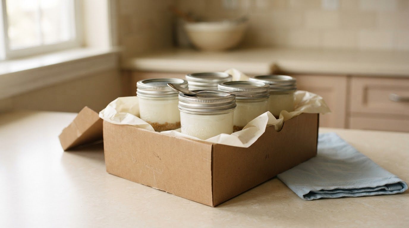 Five finished filled cheesecake jars with sealed lids packed upright in an open kraft box with cream tissue tucked around