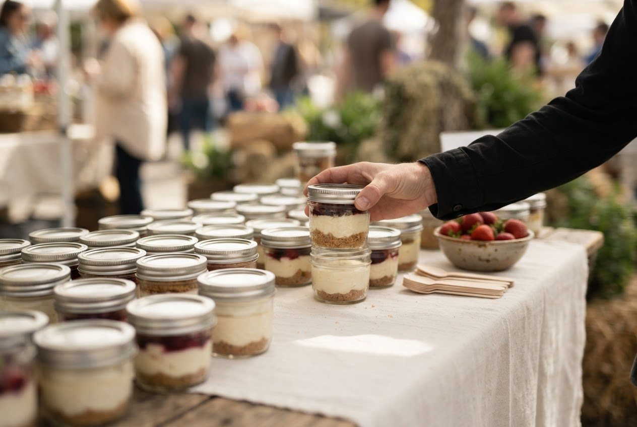 A market table covered with a plain cloth, rows of filled cheesecake jars with sealed lids arranged on it, a small stack
